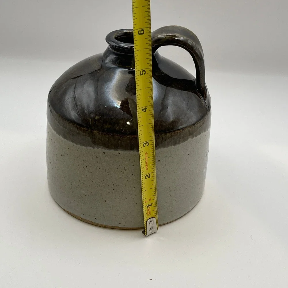 J Pitts Studio Pottery Whiskey Jug Two Tone Brown Grey Signed Stoneware 6in